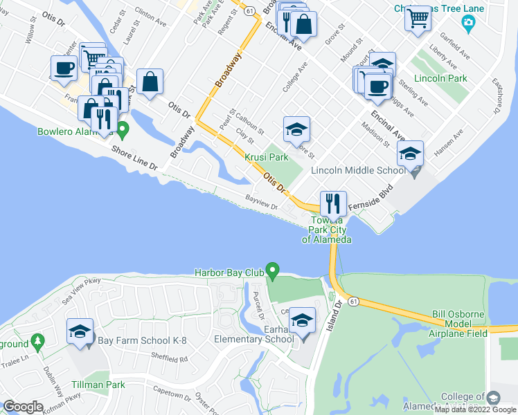 map of restaurants, bars, coffee shops, grocery stores, and more near 3012 Bayview Drive in Alameda