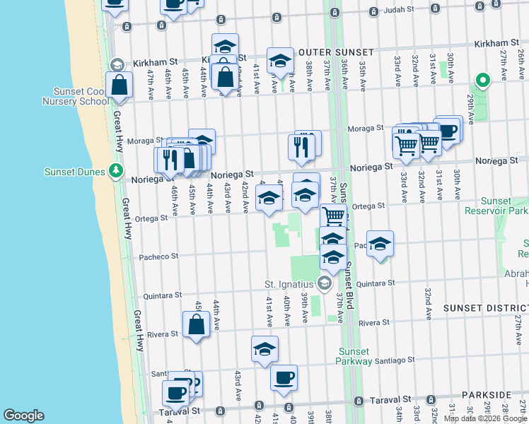 map of restaurants, bars, coffee shops, grocery stores, and more near 3399 Ortega Street in San Francisco
