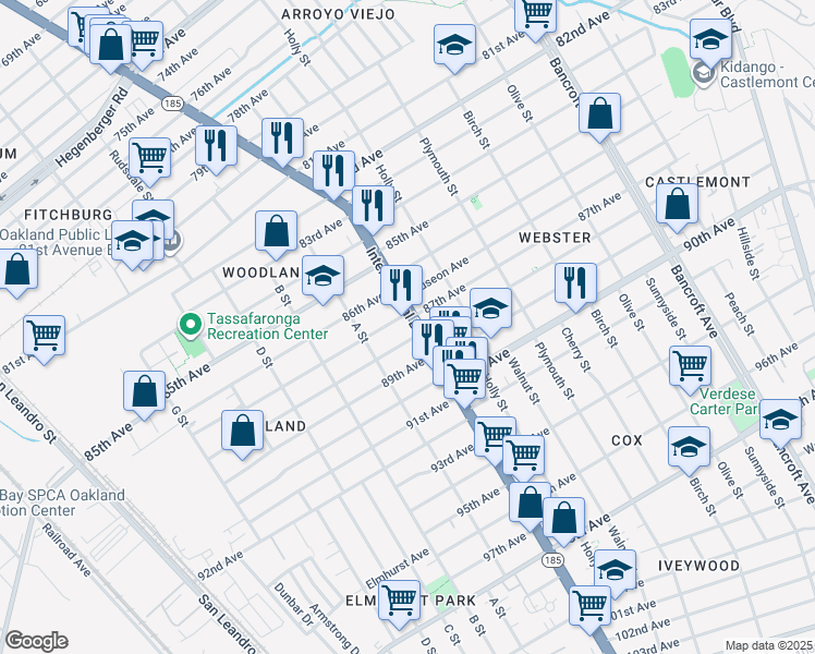 map of restaurants, bars, coffee shops, grocery stores, and more near 8719 International Boulevard in Oakland