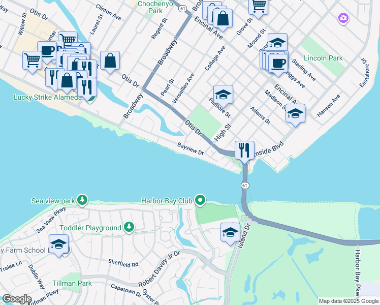 map of restaurants, bars, coffee shops, grocery stores, and more near 3012 Bayview Drive in Alameda