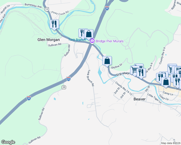 map of restaurants, bars, coffee shops, grocery stores, and more near 288 County Route 19-11 in Beaver