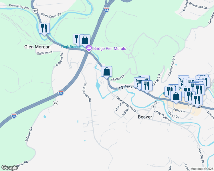 map of restaurants, bars, coffee shops, grocery stores, and more near 102 Blue Jay Drive in Beaver