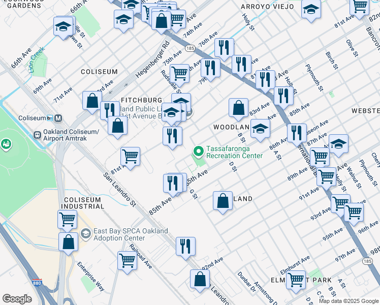 map of restaurants, bars, coffee shops, grocery stores, and more near 975 83rd Avenue in Oakland