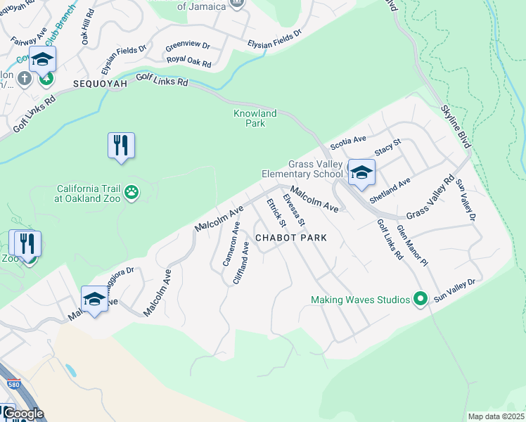 map of restaurants, bars, coffee shops, grocery stores, and more near 10858 Lochard Street in Oakland