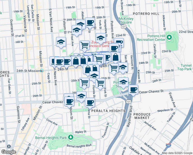 map of restaurants, bars, coffee shops, grocery stores, and more near 2647 Bryant Street in San Francisco