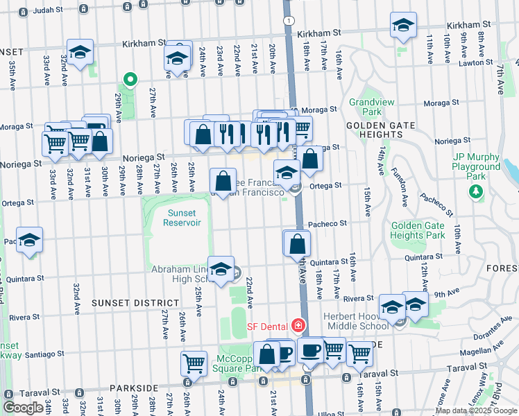 map of restaurants, bars, coffee shops, grocery stores, and more near 1947 21st Avenue in San Francisco