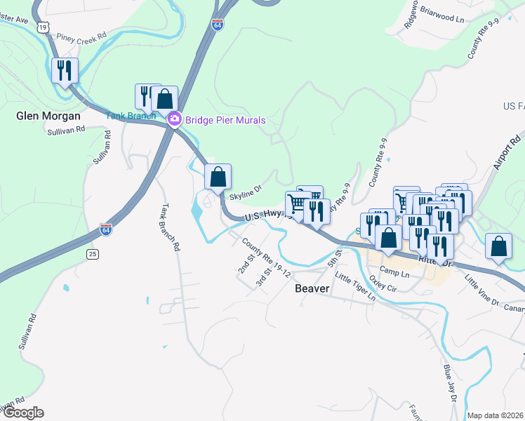 map of restaurants, bars, coffee shops, grocery stores, and more near 200-236 Skyline Drive in Beaver