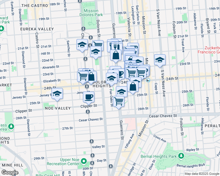 map of restaurants, bars, coffee shops, grocery stores, and more near 324 Fair Oaks Street in San Francisco