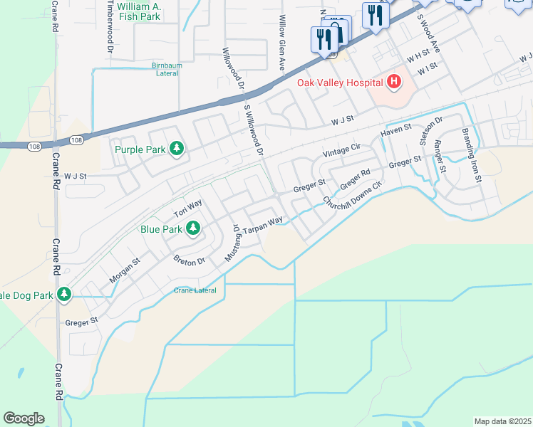 map of restaurants, bars, coffee shops, grocery stores, and more near 2037 Baluchi Way in Oakdale