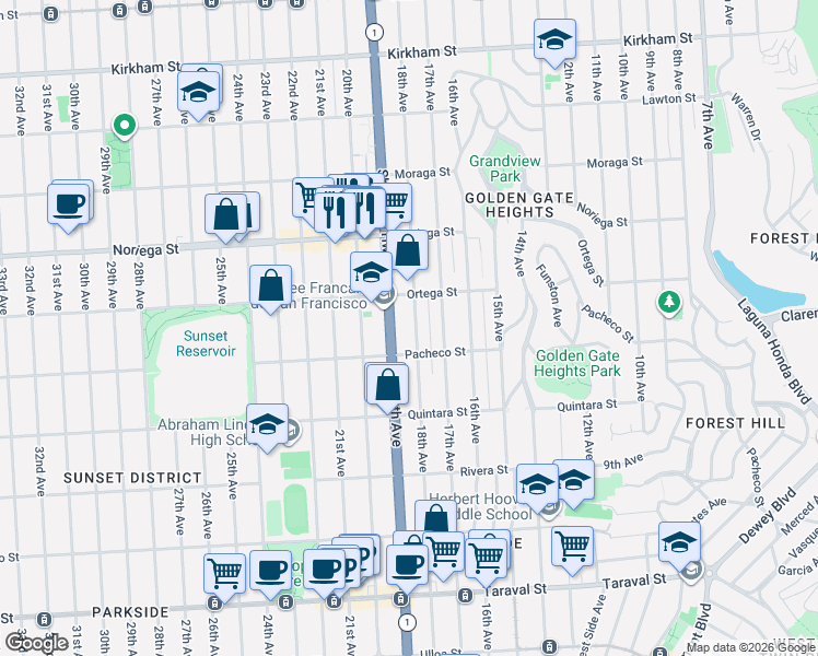 map of restaurants, bars, coffee shops, grocery stores, and more near 1922 18th Avenue in San Francisco