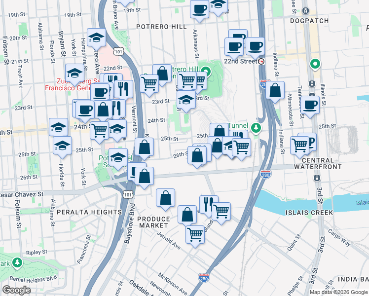 map of restaurants, bars, coffee shops, grocery stores, and more near 1204 Wisconsin Street in San Francisco