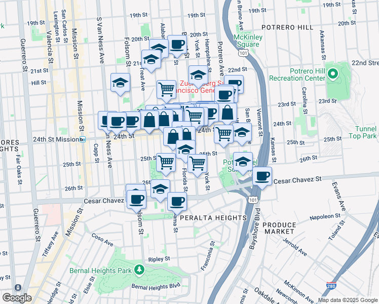 map of restaurants, bars, coffee shops, grocery stores, and more near 2647 Bryant Street in San Francisco