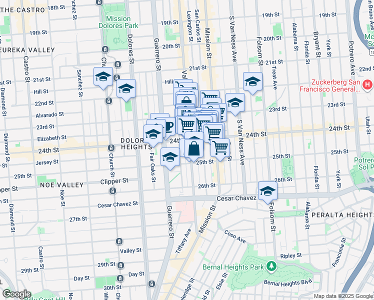 map of restaurants, bars, coffee shops, grocery stores, and more near 1306 Valencia Street in San Francisco