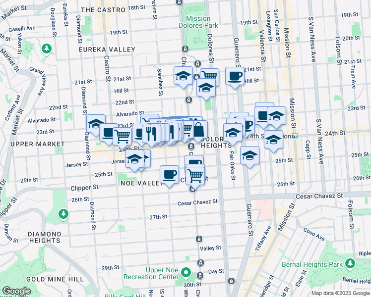 map of restaurants, bars, coffee shops, grocery stores, and more near 3812 24th Street in San Francisco