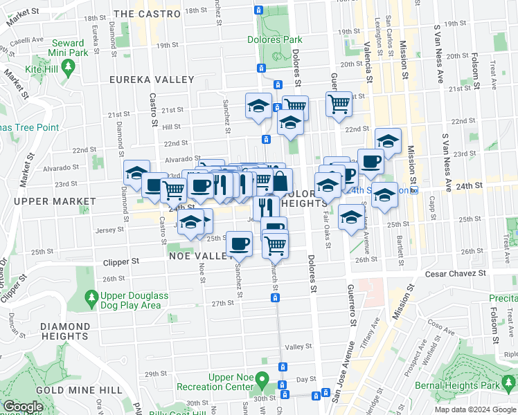 map of restaurants, bars, coffee shops, grocery stores, and more near 3812 24th Street in San Francisco