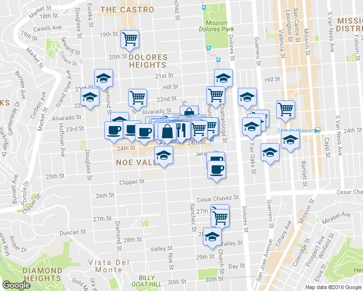 map of restaurants, bars, coffee shops, grocery stores, and more near 1070 Sanchez Street in San Francisco
