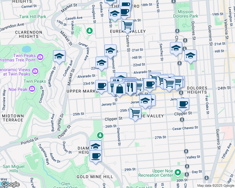 map of restaurants, bars, coffee shops, grocery stores, and more near 690A Elizabeth Street in San Francisco
