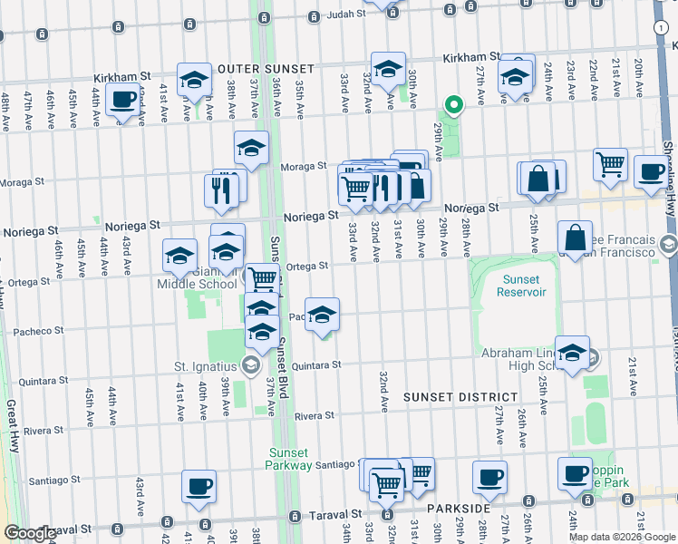 map of restaurants, bars, coffee shops, grocery stores, and more near 1887 33rd Avenue in San Francisco