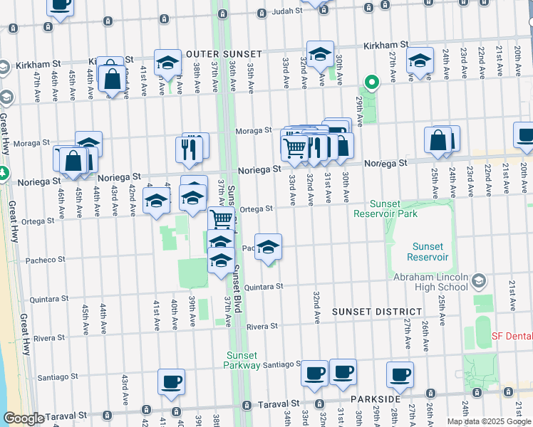 map of restaurants, bars, coffee shops, grocery stores, and more near 2724 Ortega Street in San Francisco