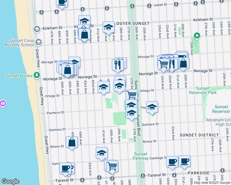 map of restaurants, bars, coffee shops, grocery stores, and more near 1874 39th Avenue in San Francisco