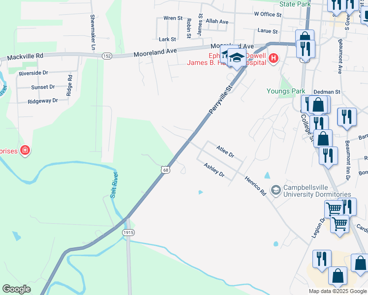 map of restaurants, bars, coffee shops, grocery stores, and more near 100 Prosperous Way in Harrodsburg