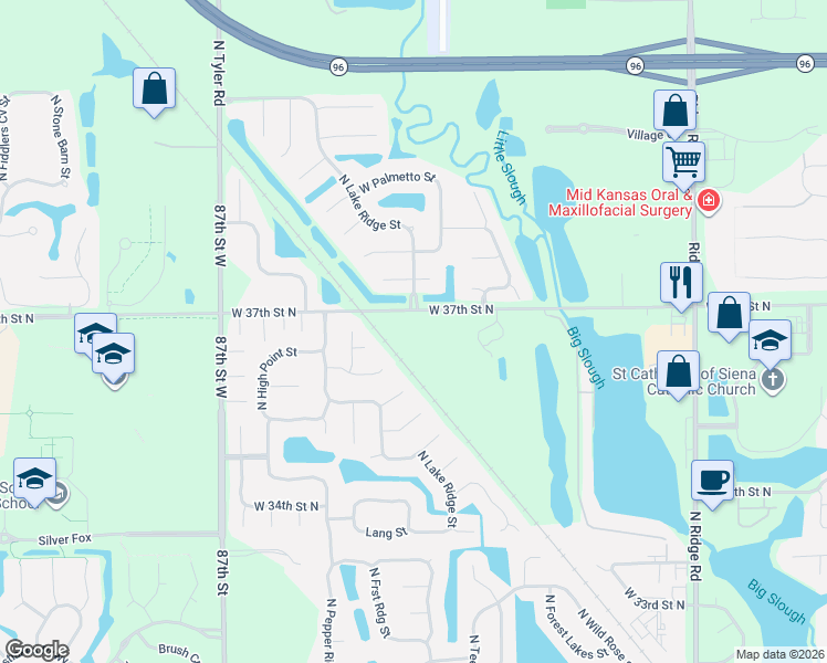 map of restaurants, bars, coffee shops, grocery stores, and more near 8120-8230 W 37th Street North in Wichita