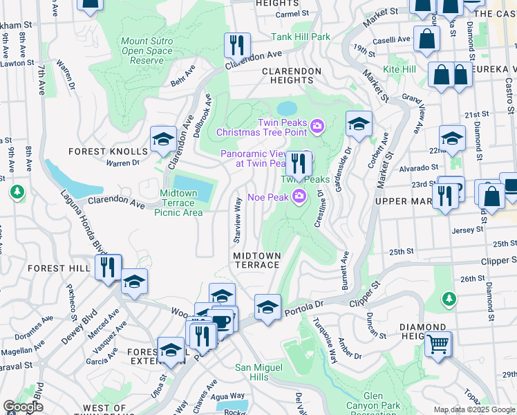 map of restaurants, bars, coffee shops, grocery stores, and more near 2 Skyview Way in San Francisco
