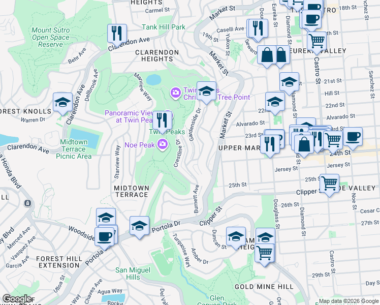 map of restaurants, bars, coffee shops, grocery stores, and more near 30 Parkridge Drive in San Francisco