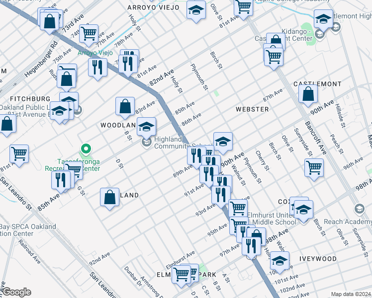 map of restaurants, bars, coffee shops, grocery stores, and more near 8719 International Boulevard in Oakland