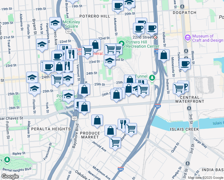 map of restaurants, bars, coffee shops, grocery stores, and more near 1240 Wisconsin Street in San Francisco