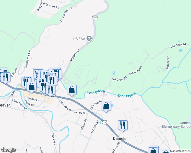map of restaurants, bars, coffee shops, grocery stores, and more near 103 Boxwood Lane in Beaver