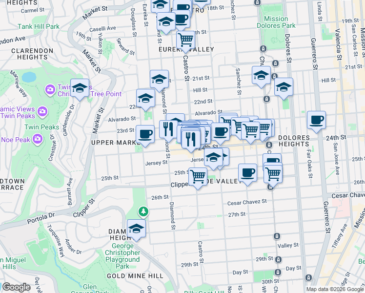 map of restaurants, bars, coffee shops, grocery stores, and more near 4138 24th Street in San Francisco