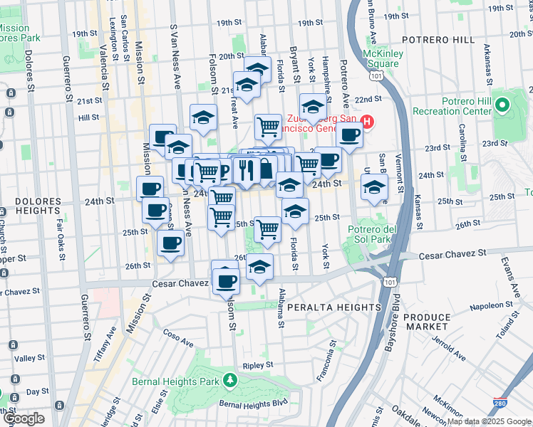 map of restaurants, bars, coffee shops, grocery stores, and more near in San Francisco