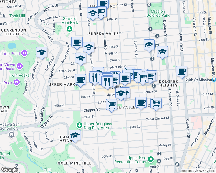 map of restaurants, bars, coffee shops, grocery stores, and more near 1244 Castro Street in San Francisco