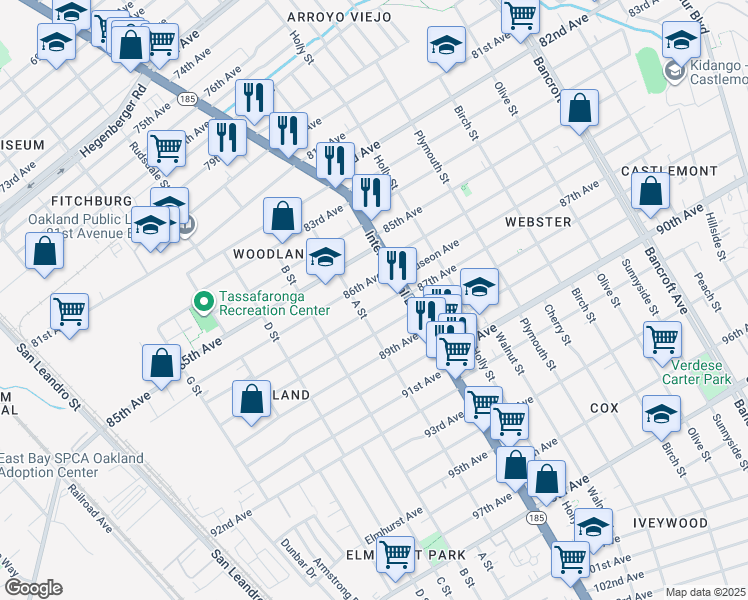 map of restaurants, bars, coffee shops, grocery stores, and more near 1322 86th Avenue in Oakland