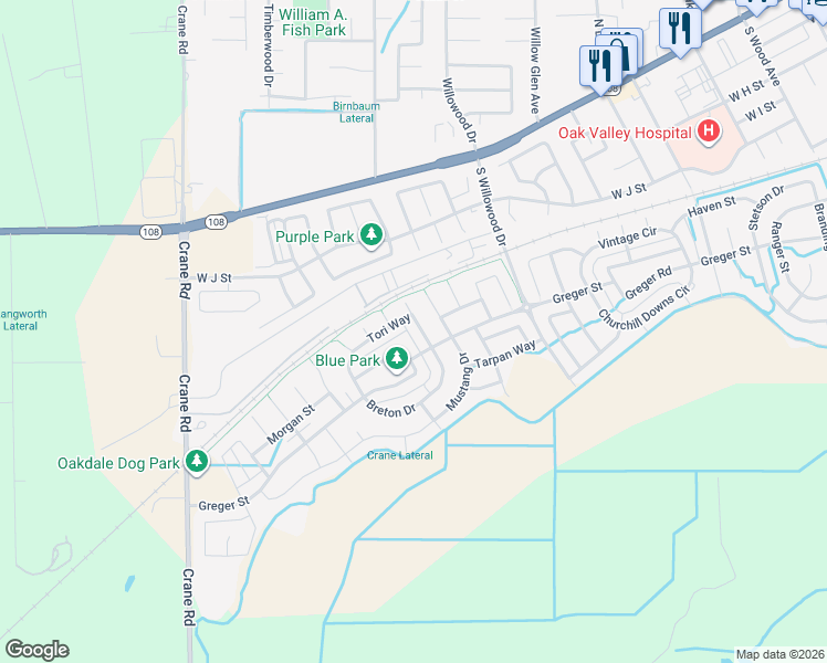 map of restaurants, bars, coffee shops, grocery stores, and more near 2260 Tori Way in Oakdale