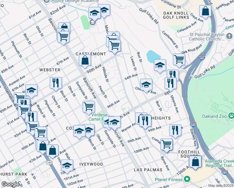 map of restaurants, bars, coffee shops, grocery stores, and more near 2406 94th Avenue in Oakland