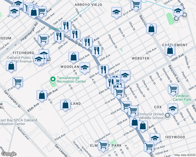 map of restaurants, bars, coffee shops, grocery stores, and more near 1322 86th Avenue in Oakland