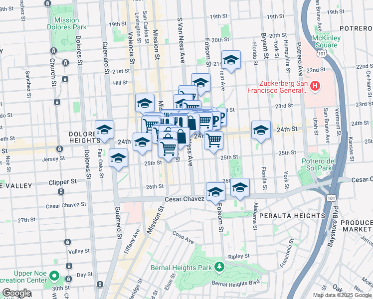 map of restaurants, bars, coffee shops, grocery stores, and more near 1316 South Van Ness Avenue in San Francisco