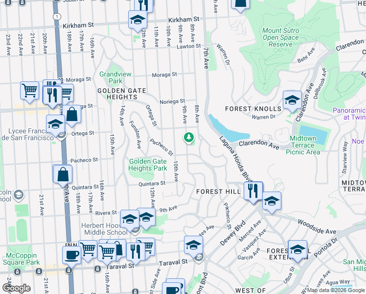 map of restaurants, bars, coffee shops, grocery stores, and more near 1943 9th Avenue in San Francisco