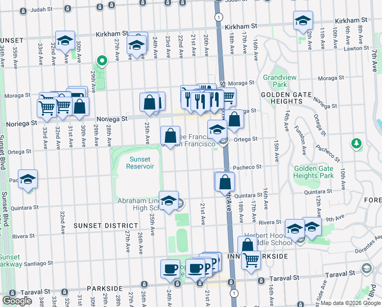 map of restaurants, bars, coffee shops, grocery stores, and more near 1910 22nd Avenue in San Francisco