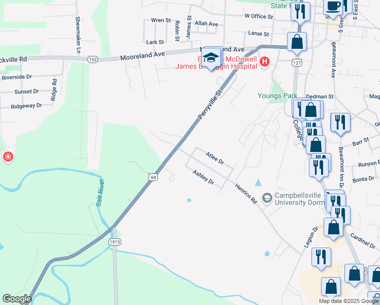 map of restaurants, bars, coffee shops, grocery stores, and more near 712-1 Ellerson Drive in Harrodsburg