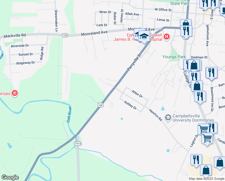 map of restaurants, bars, coffee shops, grocery stores, and more near 100 Prosperous Way in Harrodsburg
