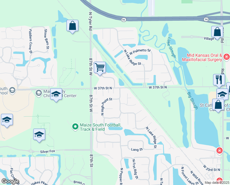 map of restaurants, bars, coffee shops, grocery stores, and more near 3802 Pepper Ridge in Wichita