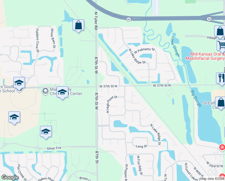 map of restaurants, bars, coffee shops, grocery stores, and more near West 37th Street North in Wichita