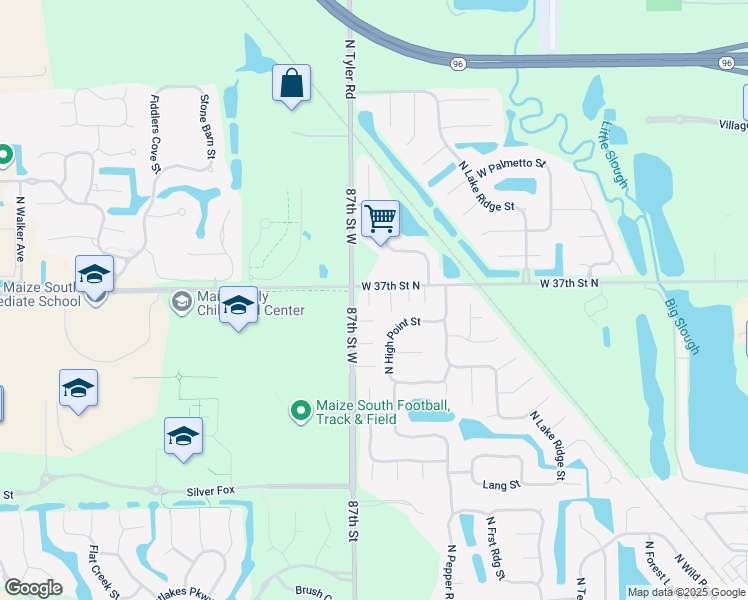 map of restaurants, bars, coffee shops, grocery stores, and more near West 37th Street North in Wichita