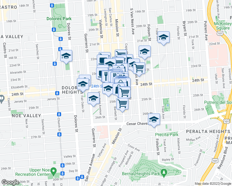 map of restaurants, bars, coffee shops, grocery stores, and more near 341 Bartlett Street in San Francisco