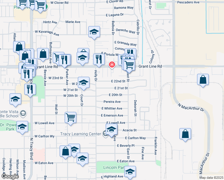 map of restaurants, bars, coffee shops, grocery stores, and more near 130 East 21st Street in Tracy