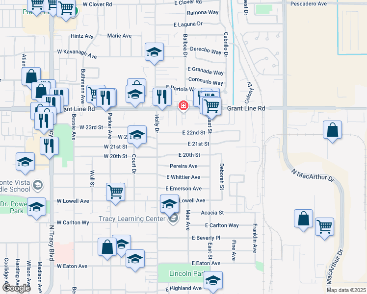map of restaurants, bars, coffee shops, grocery stores, and more near 130 East 21st Street in Tracy