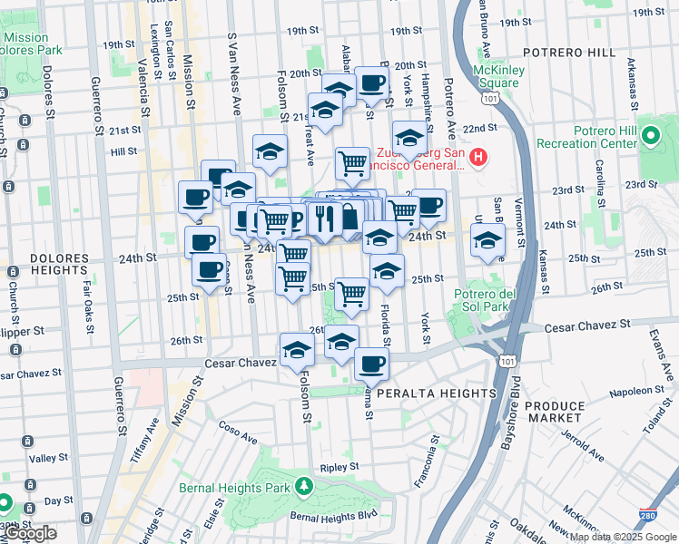 map of restaurants, bars, coffee shops, grocery stores, and more near 2870 Harrison Street in San Francisco